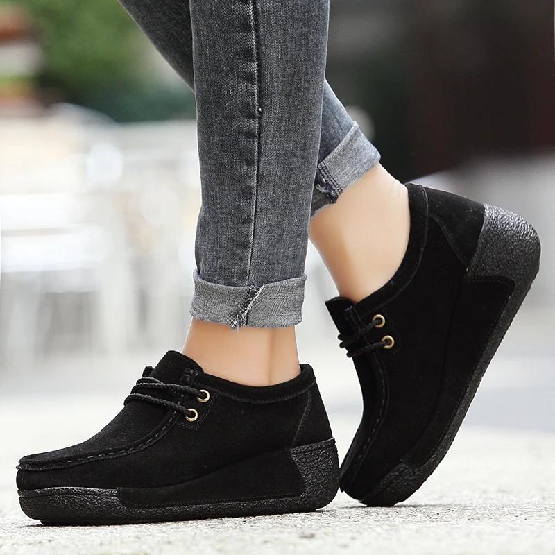 Autumn Thick Bottom Moccasins Loafers Ladies Non-Slip Lace Up Walking Shoes High Quality Cow Suede Spring Casual Shoes Women