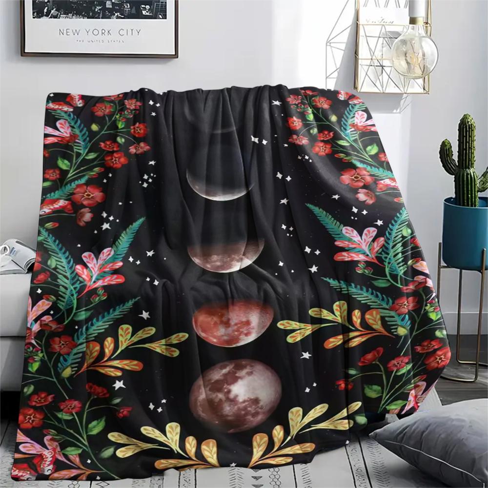 1Pc Floral Moon Print Flannel Blanket, High Quality Comfortable for All Seasons, Home Decor, Warmth and Comfort, Perfect for Gifts