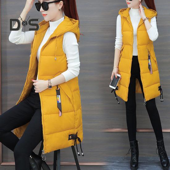 Fall Winter Cotton Vest Coat Mid Length Thickened Padded Sleeveless Zip Up Zipper Closure Drawstring Hooded Windproof Heat Retention Lady Waistcoat