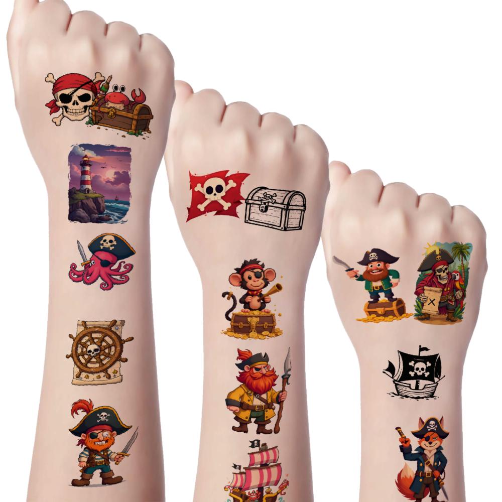 63 Pezzi Tatuaggi Temporanei Nave Pirata Cartone Animato Scheletro Teschio Baule del Tesoro Adesivi Tatuaggio Temporaneo Personaggi Pirata Per Braccia
