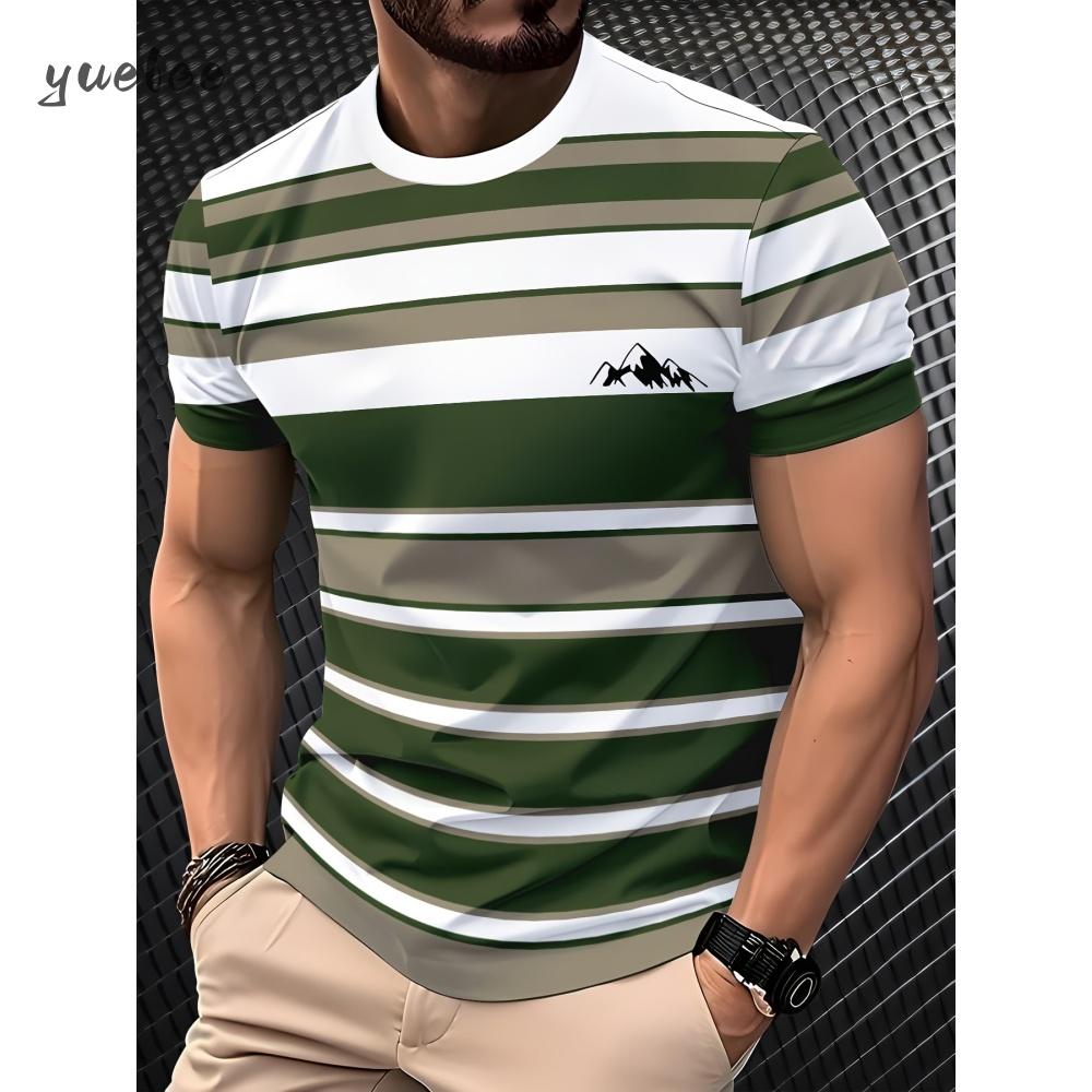 Men's T-shirt with striped print, fashionable and breathable short sleeved T-shirt