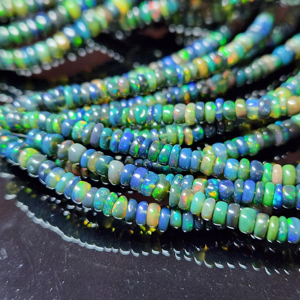 Smooth Polish Rainbow Flashy Rondell Ethiopian Opal Beads, Black Opal strand beads.