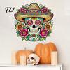 Décoration de Fête Latino-Américaine Autocollant Mural Crâne Fleuri, Décorations Imperméables d'Extérieur pour le Jour des Morts Autocollants pour Vitres, PVC Amovible