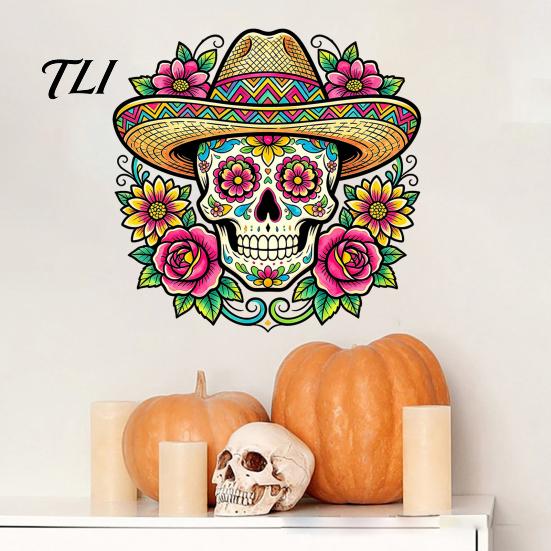 Décoration de Fête Latino-Américaine Autocollant Mural Crâne Fleuri, Décorations Imperméables d'Extérieur pour le Jour des Morts Autocollants pour Vitres, PVC Amovible