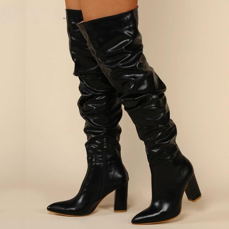 Wintermode Weiß Plissiert Damen Over-the-Knee Stiefel Sexy Spitze Quadratische Absätze Damen Langer Reißverschluss Damenschuhe Größe 35-42