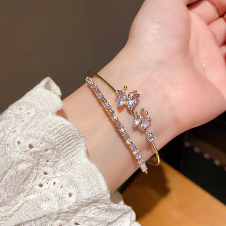 Butterfly Charm Double Layer Open Bracelet With Cubic Zirconia For Fashion Women