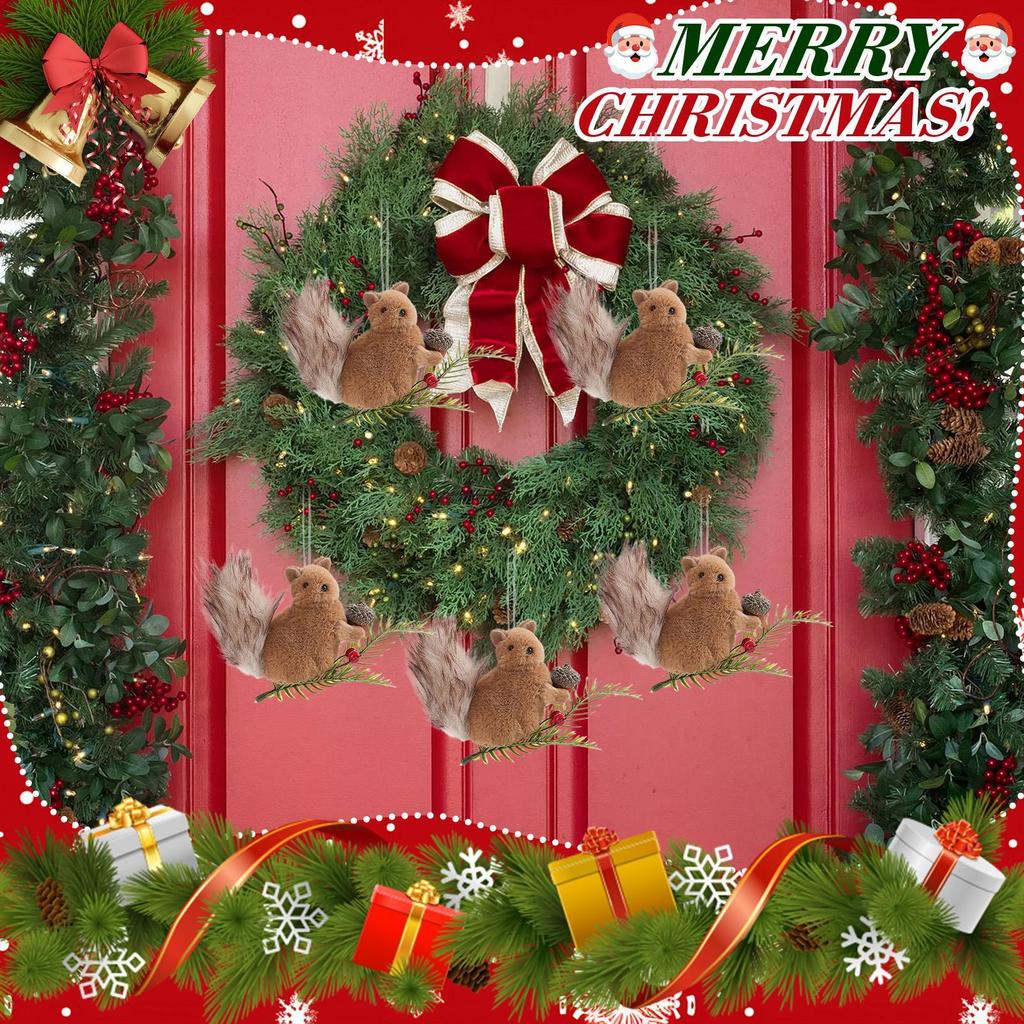 Squirrel Ornament Plush Squirrel Festive Charm Realistic Pine Cone Branches Animal Ornament For Window Outdoor Bookshelf Ceiling