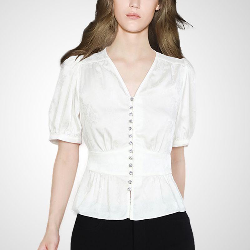 

Classy Socialite Waist-Tight V Neck Short-Sleeved French Shirt White S