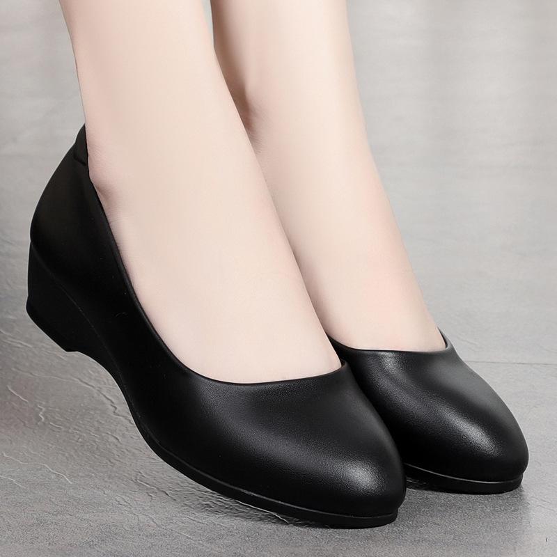 New Women's Genuine Leather Slip On Flats   Black Low Wedge Work Shoes, Comfortable Office and Commuting Shoes for daily use