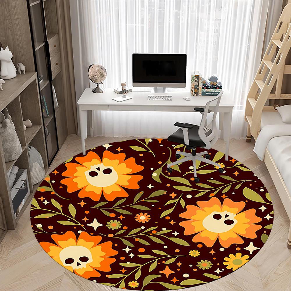 1pc Day of the Dead Floral Office Round Area Rug,  Mat Suitable For Office, Under Office Chairs Bedroom Living Room Home Decor, Room Deco