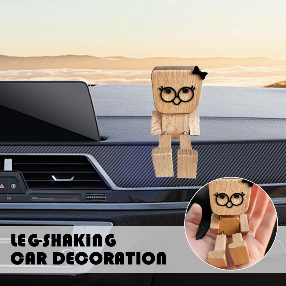 Cute Bow Leg-shaking Wooden Man Figurine Interior Wood Ornaments With 12 Magnetic Expressions Car Decoration Ornaments