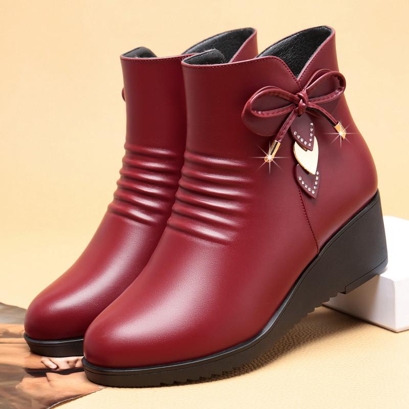 Autumn Winter Women’s Non-Slip Wedge Heel Ankle Boots - Warm Velvet Lined for Mature & Elderly