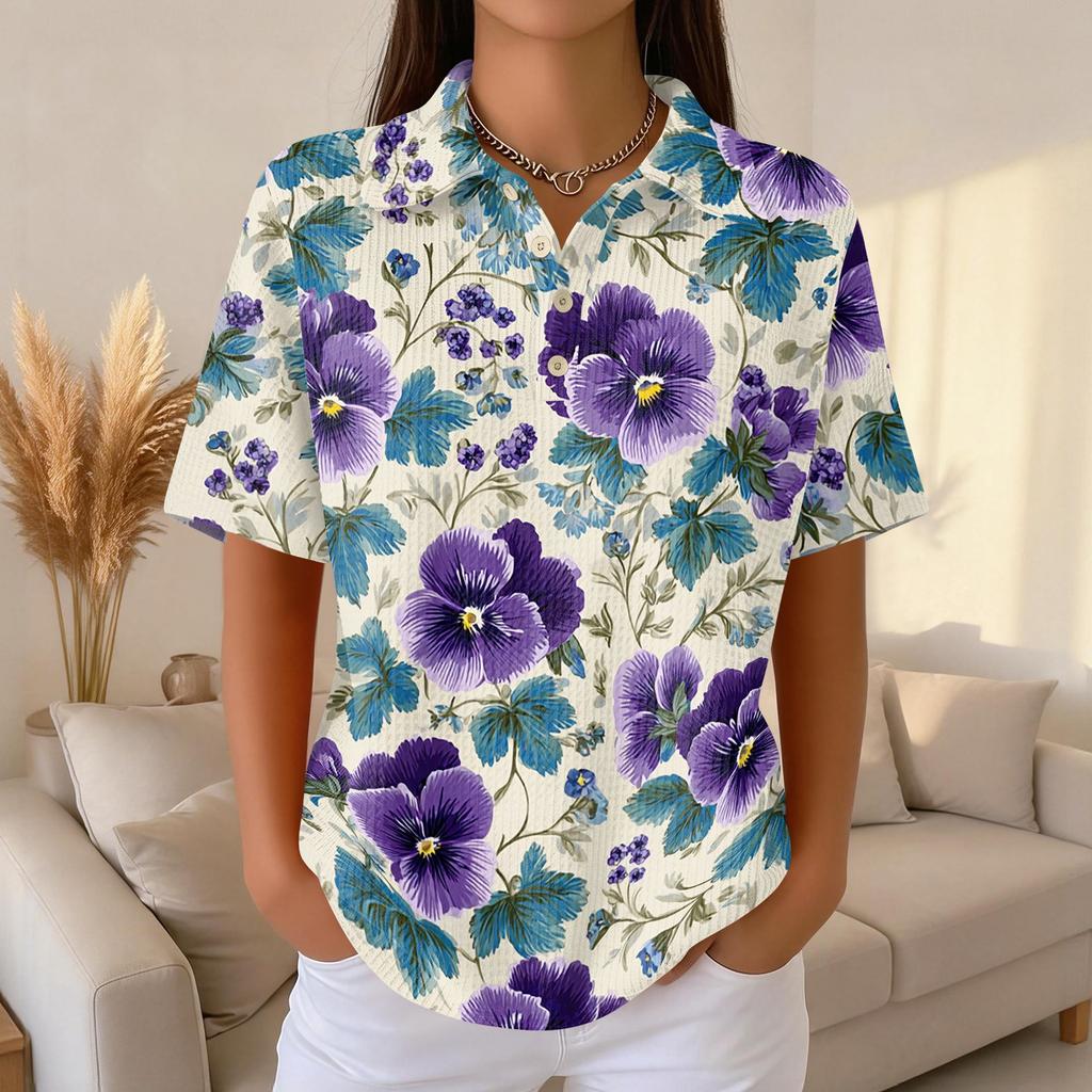 Women's Casual Short Sleeve Floral Print Waffle Knit Polo Shirt Relaxed Fit Button Down Collar Top for Everyday Wear