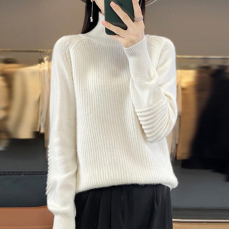 Women's High Neck Loose Pure Wool Sweater - Warm, Thickened Knit Pullover