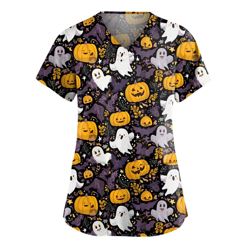 Women's Fashion V-Neck Short Sleeve Overalls With Pockets Halloween Printed Tops  Apparel