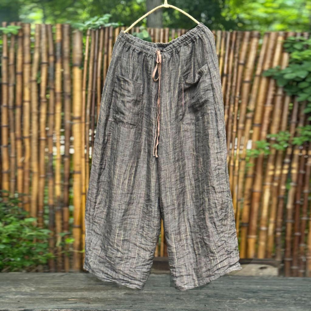 Johnature Women Vintage Striped Wide Leg Pants Patchwork Pockets Elastic Waist Trousers Autumn Loose Belt Pants