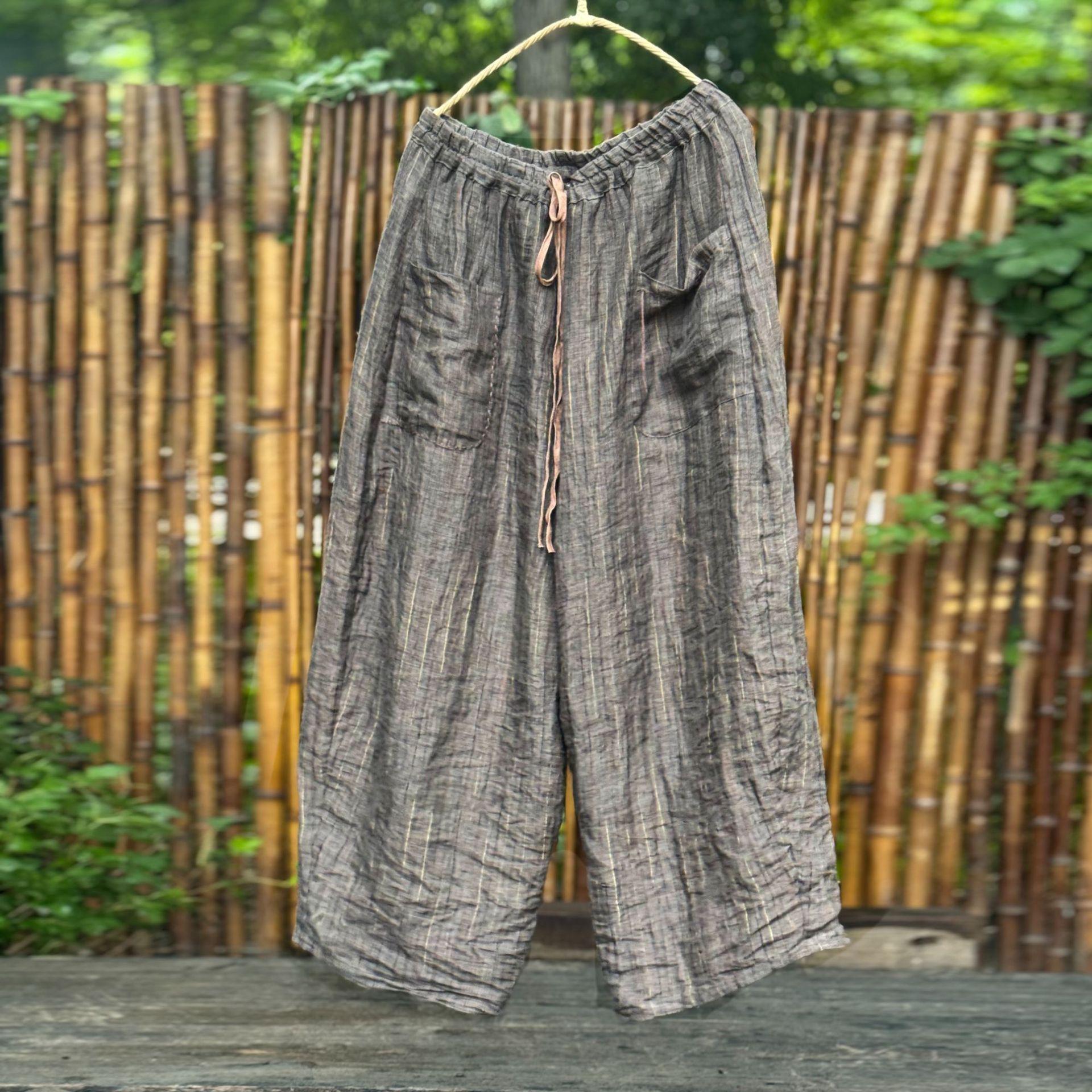 

Johnature Women Vintage Striped Wide Leg Pants Patchwork Pockets Elastic Waist Trousers Autumn Loose Belt Pants One Size