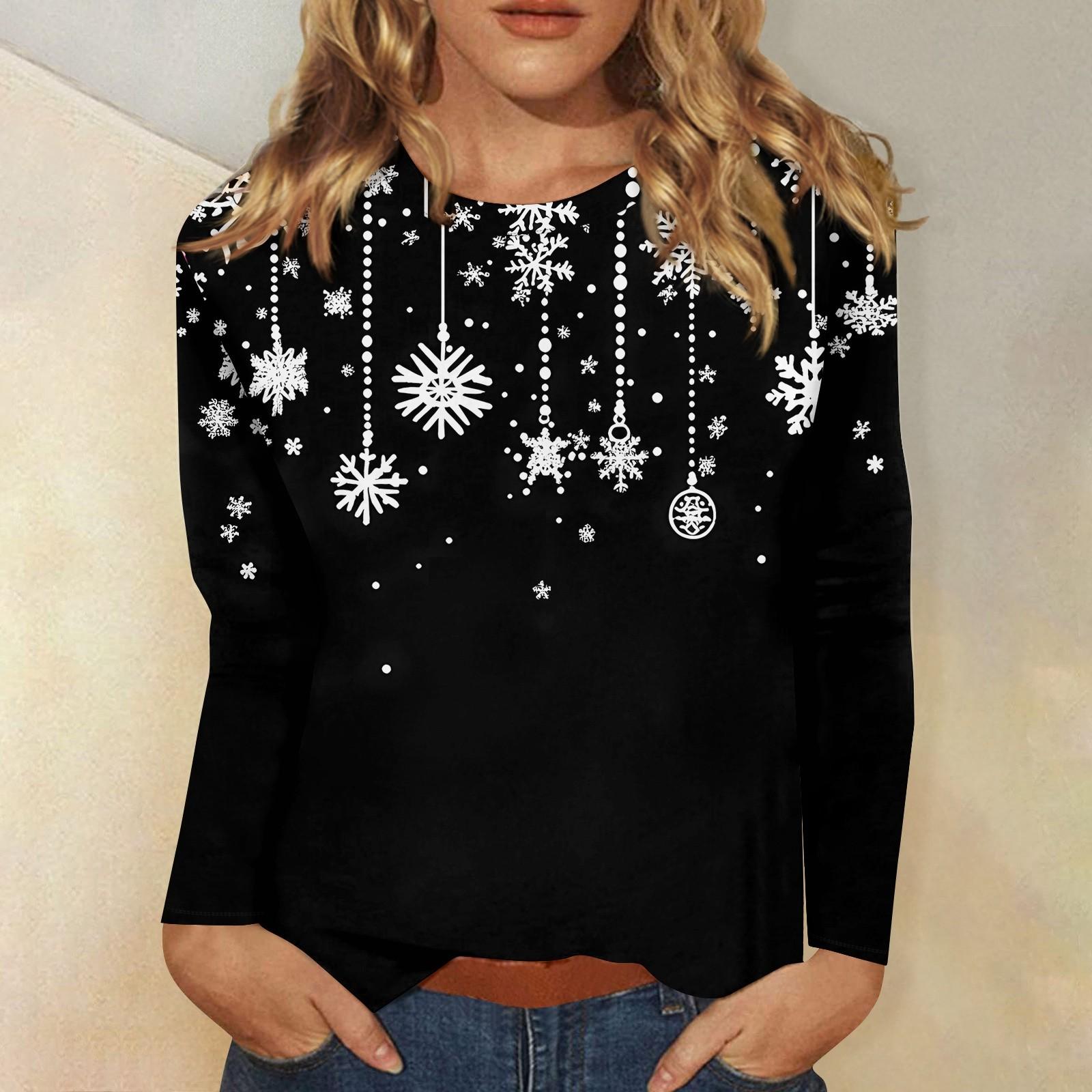 

Женская мода повседневный рождественский принт круглый вырез длинный рукав пуловер топ M