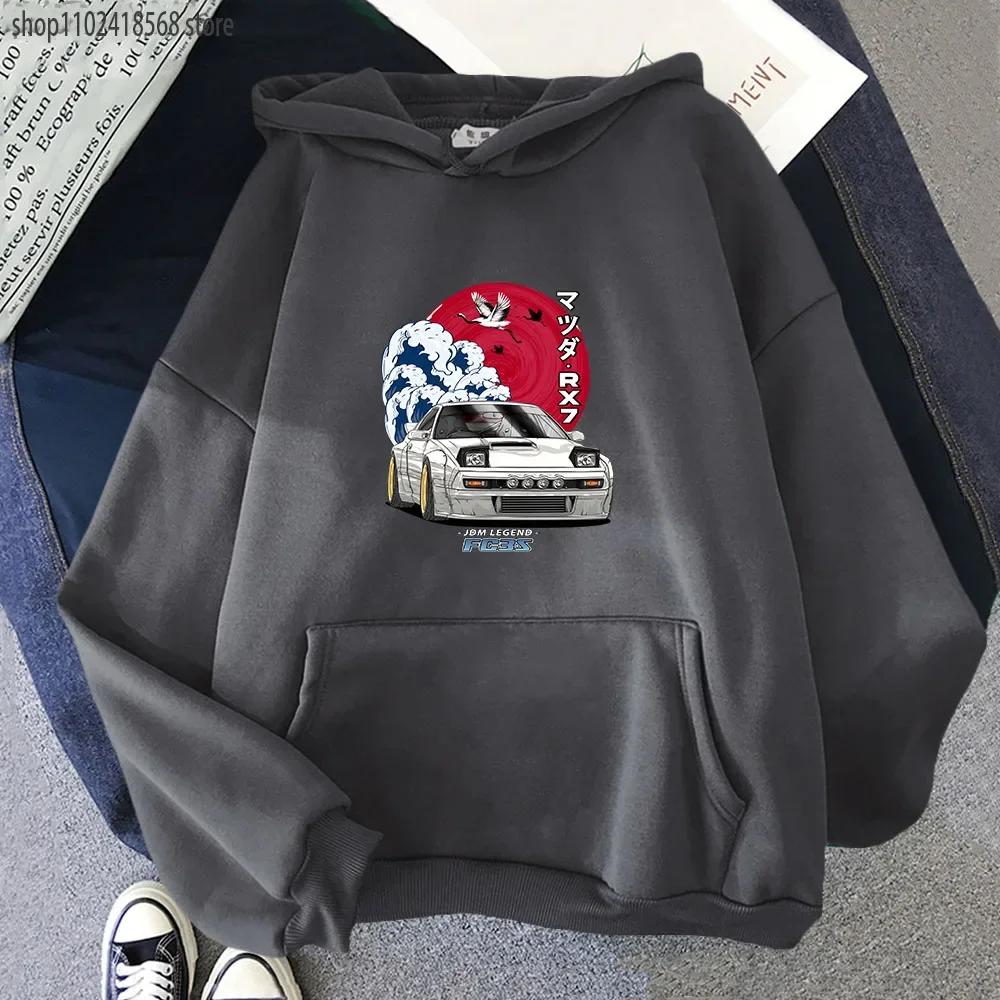 Initial D Hoodie Herren Langarm Streetwear für Nippon JDM Mazda RX-7 Turbo Rundhals Sweatshirts Oberteile Y2k Übergroß