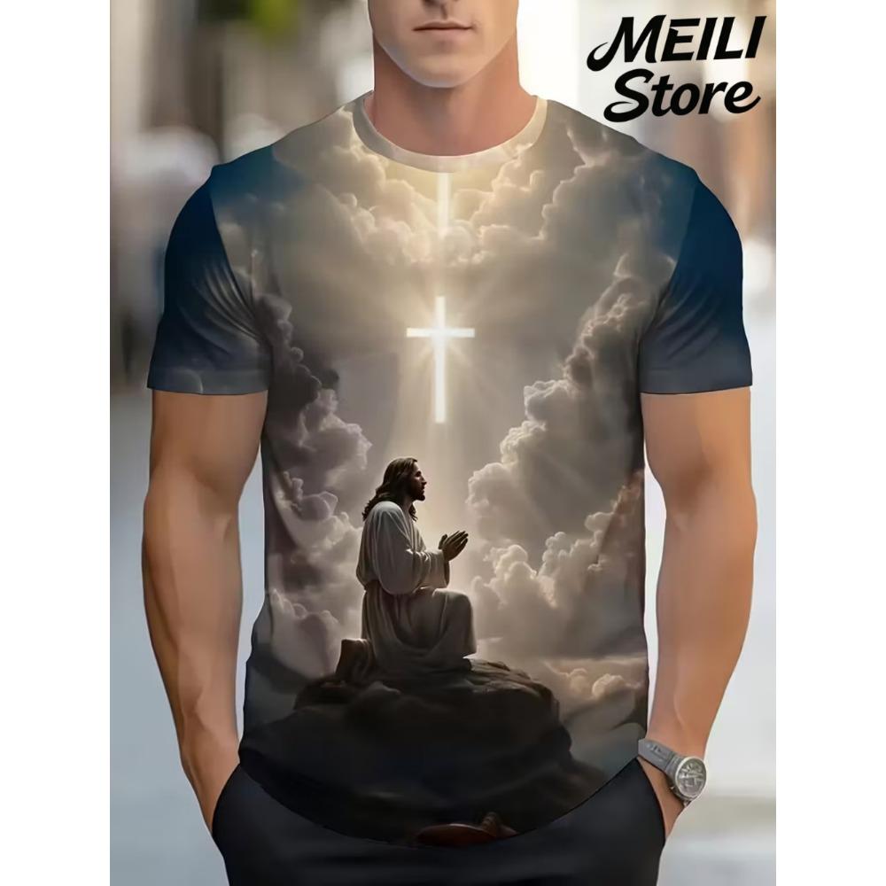 Herren 3D Jesus Druck T-Shirt Kurzarm Lässig Rundhals Betende Hände Design T-Shirt für Männer Neu im Oversized T-Shirt Oberteile