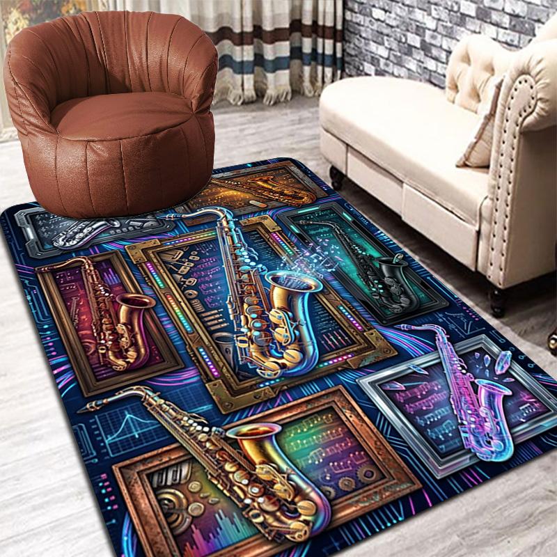 Saxophone Frames Notes Pattern Rug Floor Mat for Living Room or Bedroom Soft and Comfortable Carpet a Gift for Birthday and Holiday.