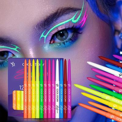 12-teiliges Eyeliner-Stift-Set, Lidschattenstift mit fluoreszierendem UV-Glow, Neon-Körperfarbe, flüssiger Eyeliner-Make-up-Stift für Musikfestival