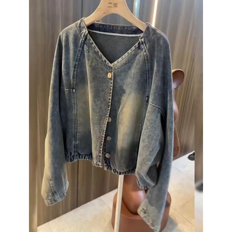 Premium Retro Small Short Denim Jacket Spring and Autumn Fashion Casual Jacket Top Vintage Raglan Sleeve Loose Layering Outerwear