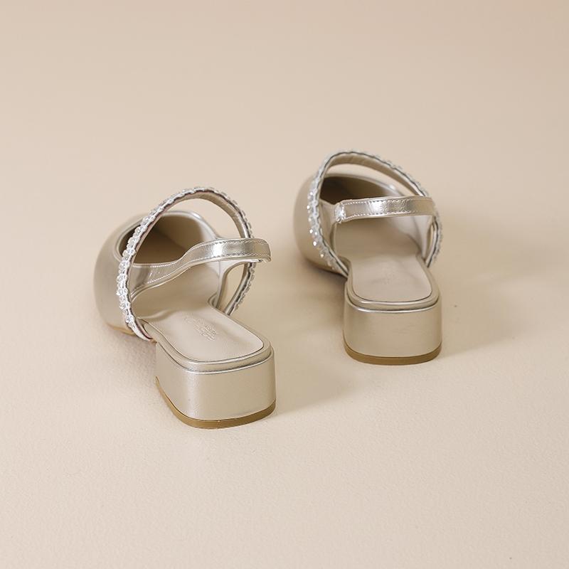 Fashion One-word Rhinestone Sandals for Women 2025 Summer New Baotou Half-drag Block Heel Shoes Pointed Toe Single Shoes for Women