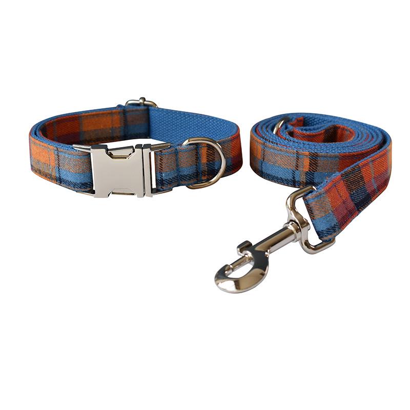 Blue Plaid Velvet Dog Collar and Leash with Alloy Buckle