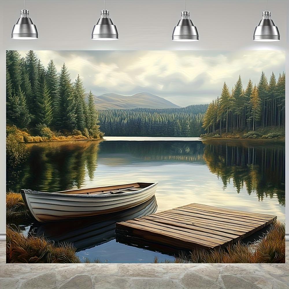 

No Installation Needed Easy Hang Nature Landscape Tapestry Serene Lake Boats Mountains Wall Decor Soft Peachskin Fabric 74x94cm(29x37in)