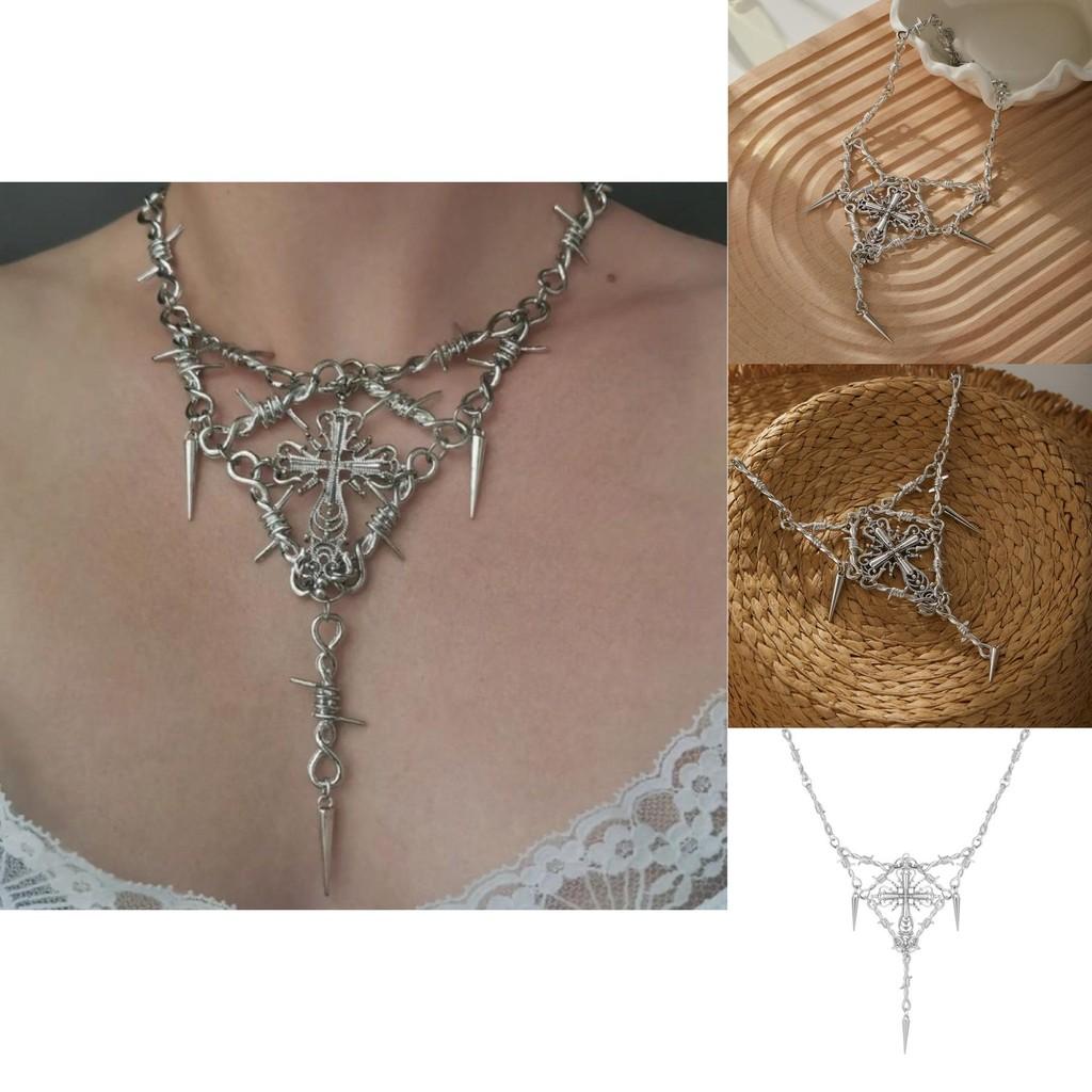 Unique Geometric Design Thorn Cross Pendant Necklace For Women Fashionable Casual Style