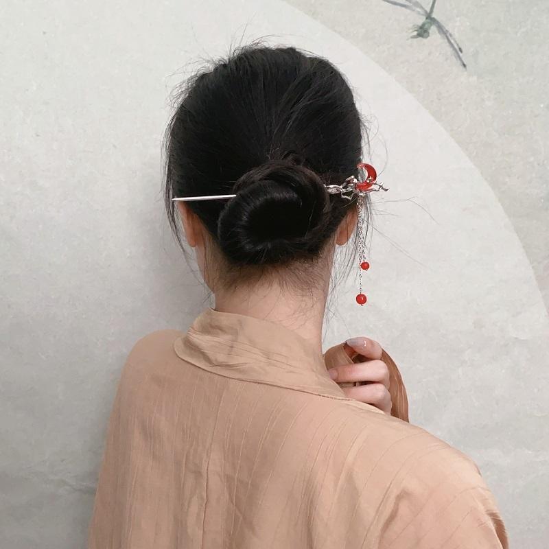 Vintage Roter Kristall Mond Quaste Haarstäbe Für Frauen Mode Metalllegierung Hanfu Essstäbchen Dutt Styling Haarnadel Haaraccessoires