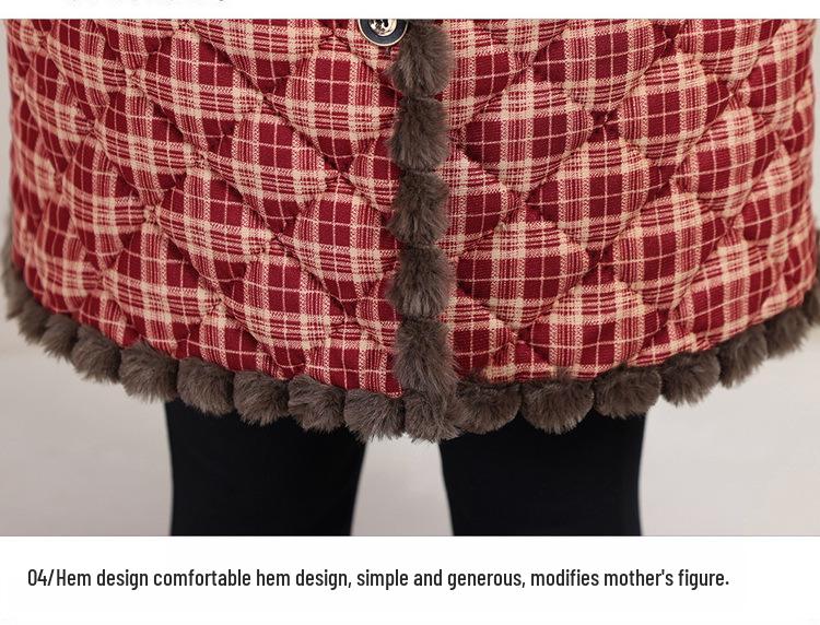 Women's Mid-Length Plaid Cotton Jacket - Maternity & Plus Velvet for Autumn/Winter Warmth, Over-the-Knee Style for Middle-Aged & Elderly