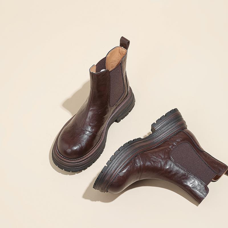 Chelsea Short Boots for Women with Hand-grabbing Leather Thick-soled Retro British Style Autumn and Winter Style Elastic One-foot Boots