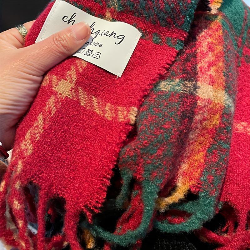 Women’s Red Plaid Tassel Scarf – Thick, Double-Sided Winter Shawl and Neck Warmer for Christmas