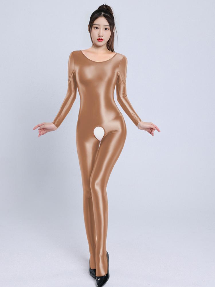 Sexy Women Candy Color Jumpsuit High Elastic Slip Satin Shiny Bodysuit Slimming Tight Open Crotch Leotard Shaper Wear