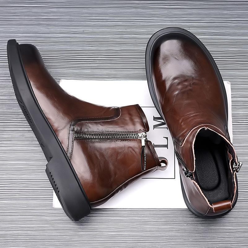 

Fashion Men s Leather Ankle Boots for Men Autumn Winter Velvet Warm Men Chelsea High-top Boots Designer Casual Man s Dress Shoes 38 коричневый