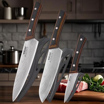 3PCS Chef Knife Japanese Kitchen Knives Set Professional Stainless Steel Meat Cleaver Slicer Knife Santoku Knife Wooden Handle