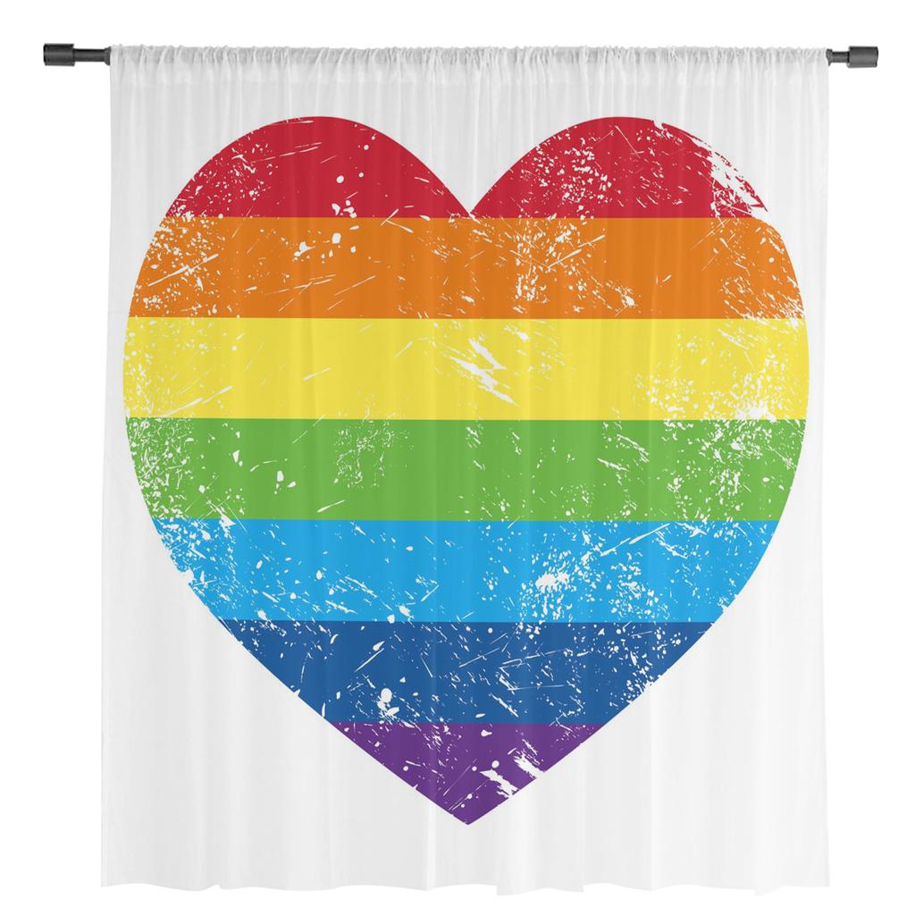 Rainbow Heart Shaped Stripes Colorful Love Tulle Window Treatment Sheer Curtains for Living Room the Bedroom Curtains Decoration