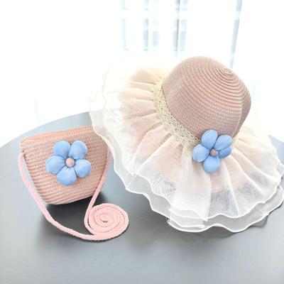 Spring/Summer Kids' Floral Straw Bucket Hat & Bag Set for Sun Protection