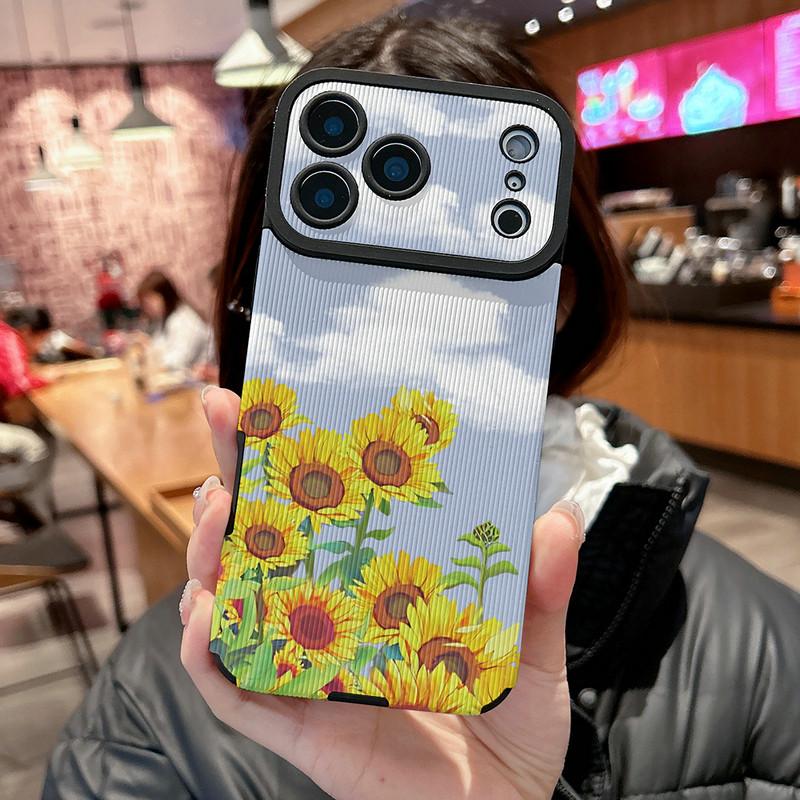 Sunflowers Tulips Floral Printed Vertical Grain Leather Soft Silicone Phone Case Back Cover with Camera Lens Full Protection for iPhone 17