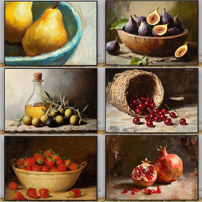 Vintage Food Art Dining Art Oil Poster Fruit Still Life Rustic Kitchen Prints Canvas Painting Wall Art Pictures Home Room Decor