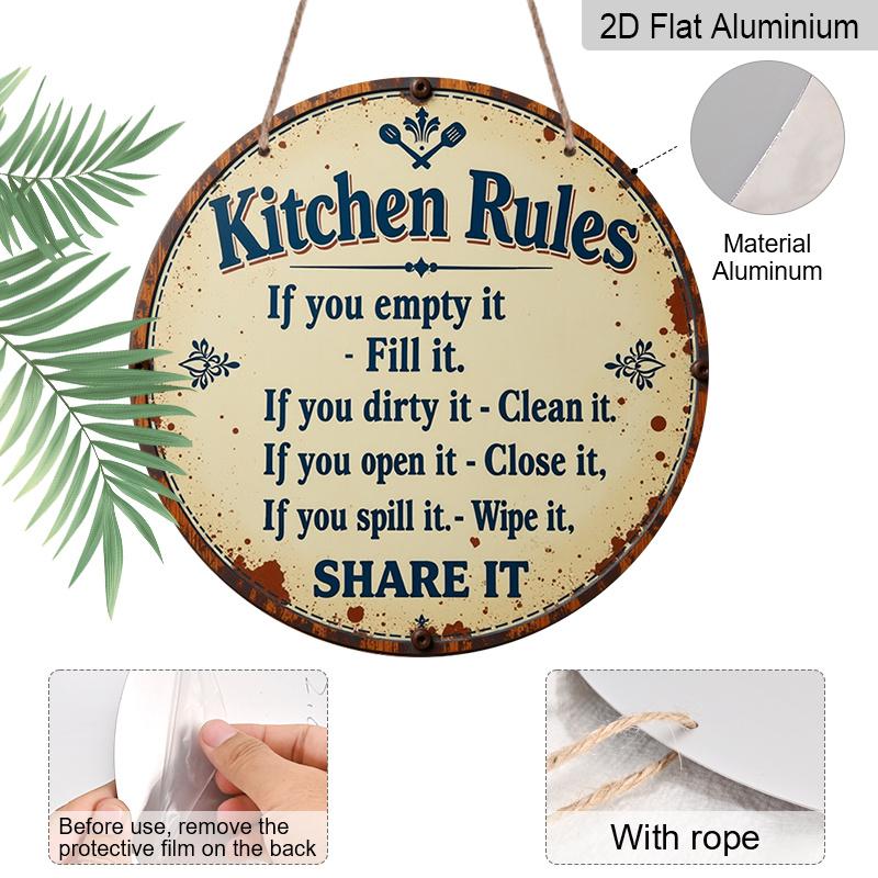 2D Flat 1pc, 8x8 in Printed Aluminum Metal Sign, Featuring Kitchen Rules Design, Round Aluminum Wall Art, Suitable for Decorating Patios, Porches