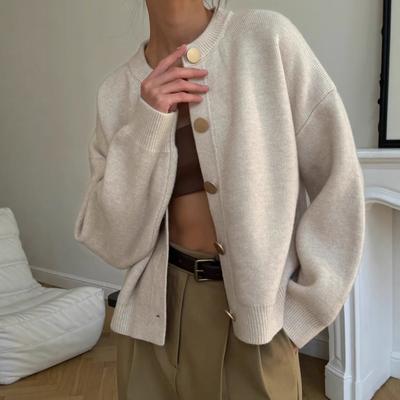 Cross-border Solid Color Knit Cardigan for Women, Spring/autumn New Elegant Versatile Top, Loose and Lazy Round-neck Sweater Jacket