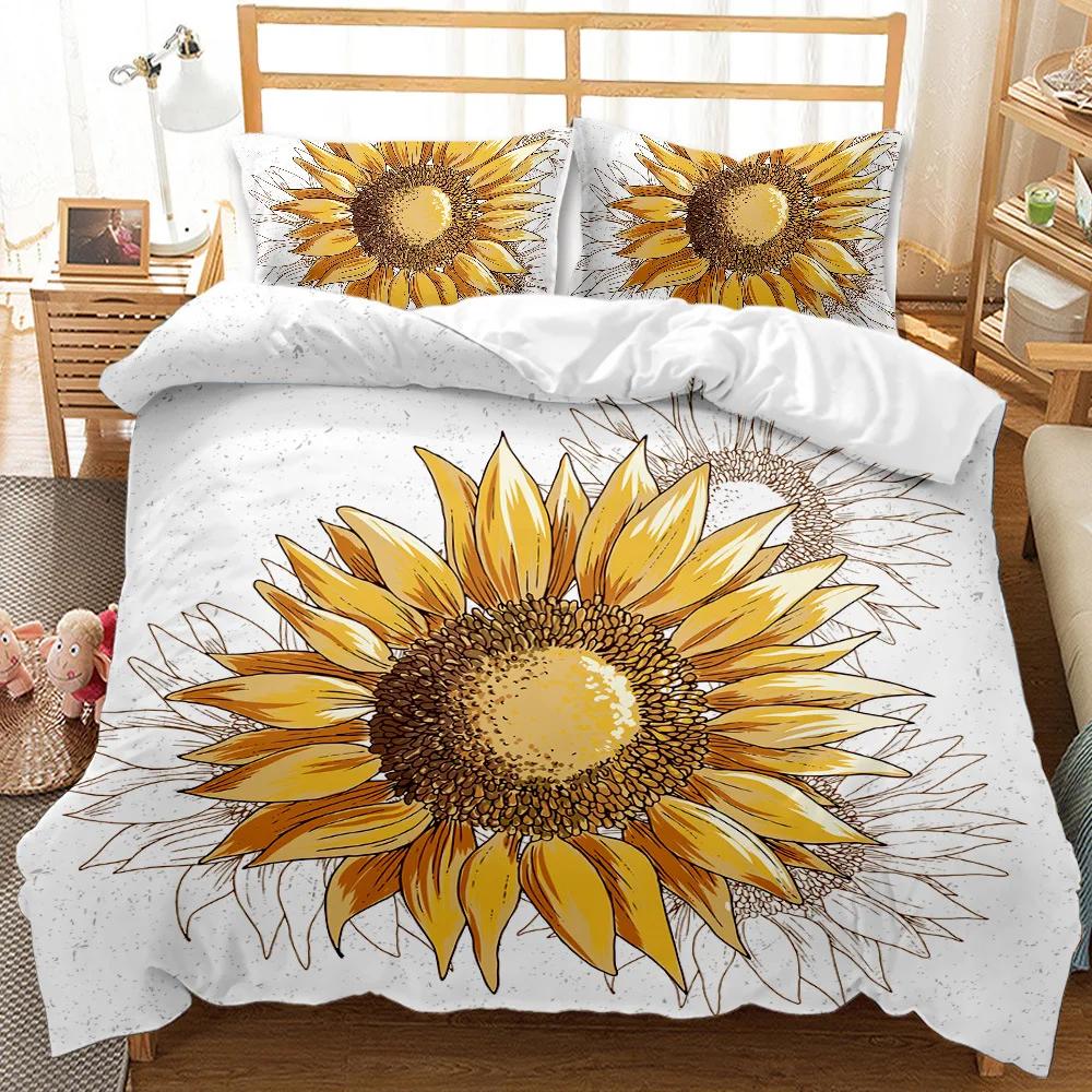Queen Bettwäsche-Set Gelbe Sonnenblume Winter Bettbezug Set Kissenbezug Ropa De Cama King Size Schlafzimmer-Set Bettwäsche 3-teiliges Bett-Set