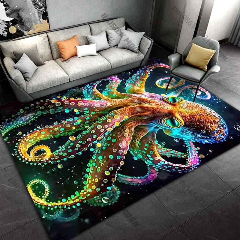 Vibrant Colorful Glowing Octopus Carpet Yoga Living Room Room Decor Children's Crawling Mat Doormat Area Rug Games Mat