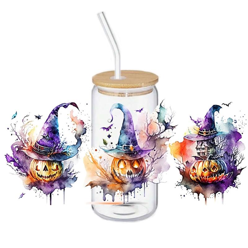 Halloween 16Oz Glass Cup Transfer Sticker Cartoon Girl Design Waterproof Decorative Adhesive Decal for Party Home Decors
