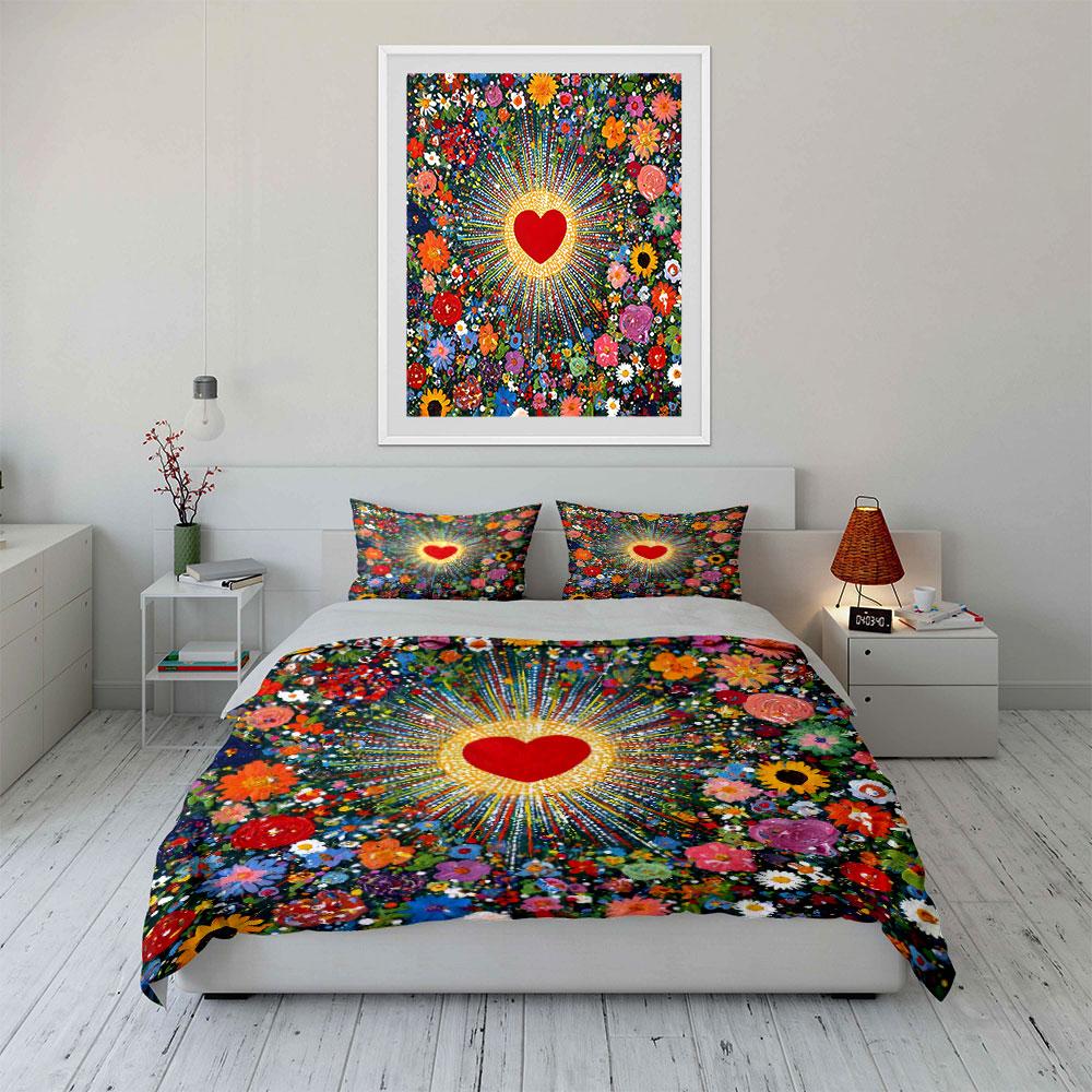 Heart and Floral Burst Design Bedding Duvet Cover Set Duvet Cover Pillowcases  (1*Duvet Cover 2*Pillowcases, Without Duvet Insert)