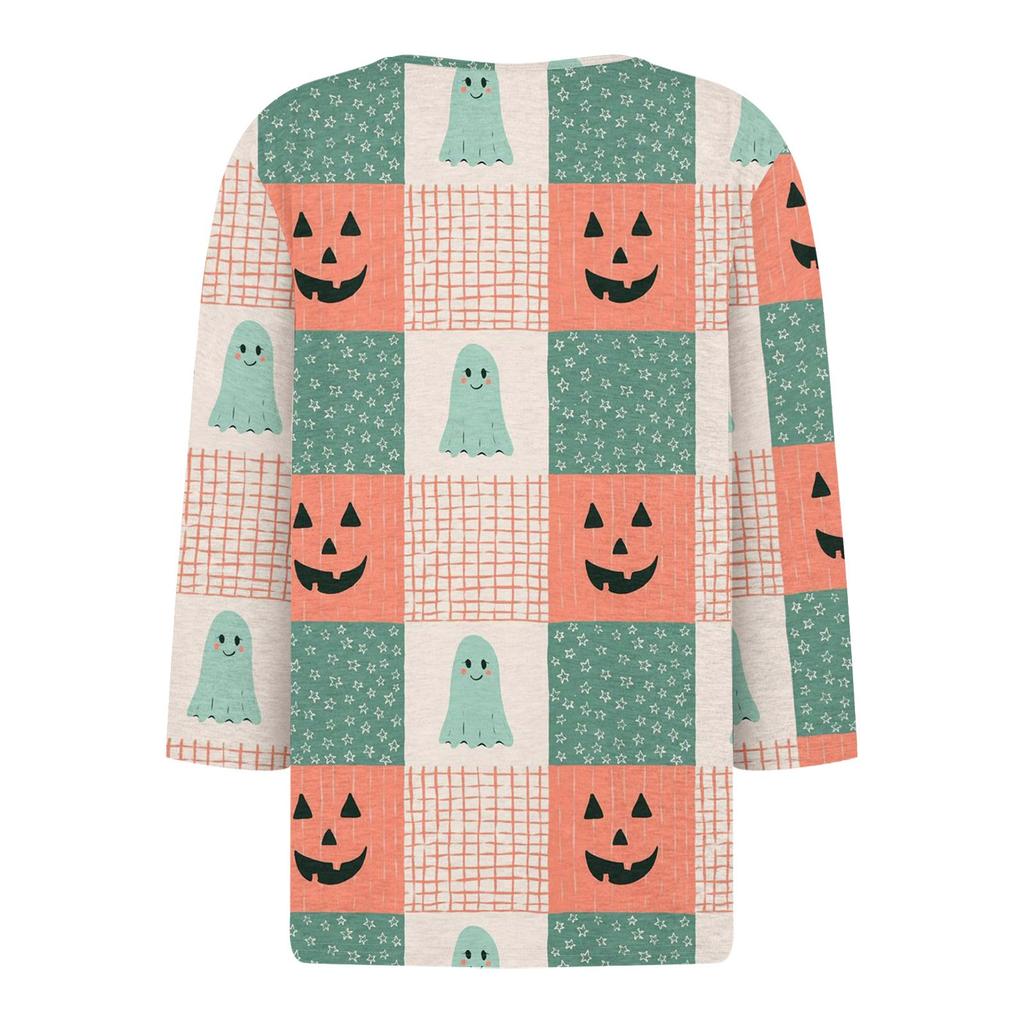 Women's Casual Fashion V-neck Loose Versatile Halloween Print Three-quarter Sleeve Top
