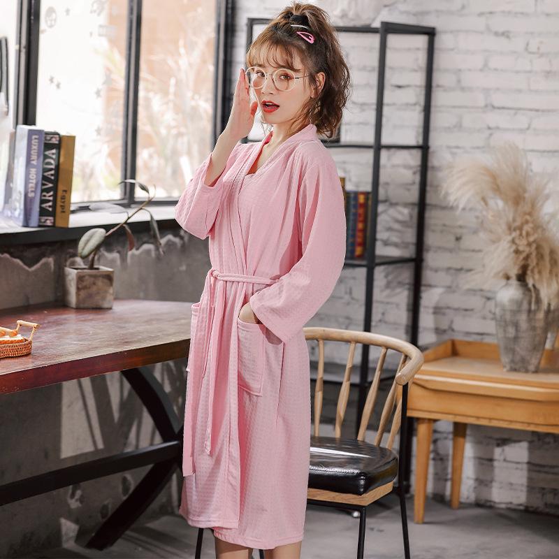 Korean Style Waffle Bathrobe: Lightweight, Breathable, Absorbent Women's Summer Pajamas for Sauna and Hot Spring.